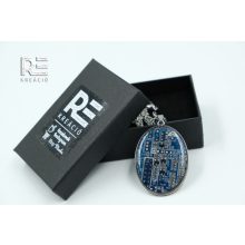 Acél ovális medál nyomtatott áramkörből - kék