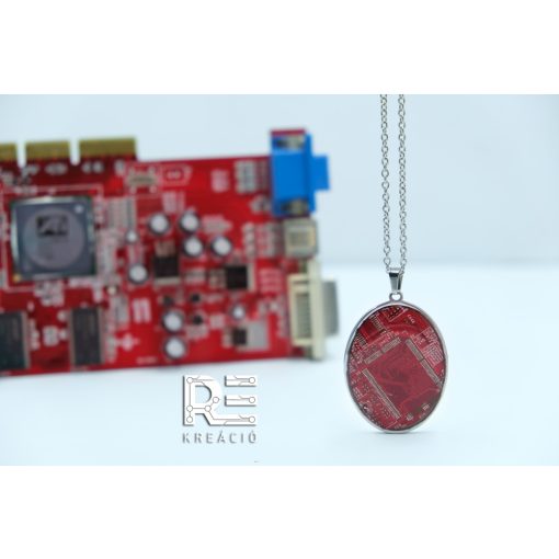 Acél ovális medál nyomtatott áramkörből - piros